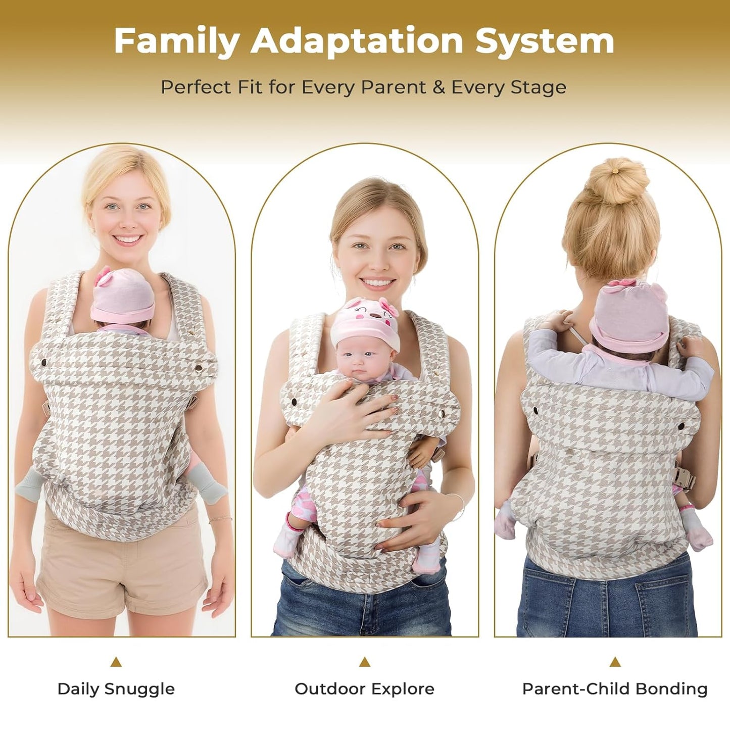 CycleMore Ergonomic Baby Carrier Newborn to Toddler - Lightweight & Breathable Infant Carrier with 3 Carry Positions, Hip-Healthy M-Shape Seat for 7-35 lbs (Houndstooth)