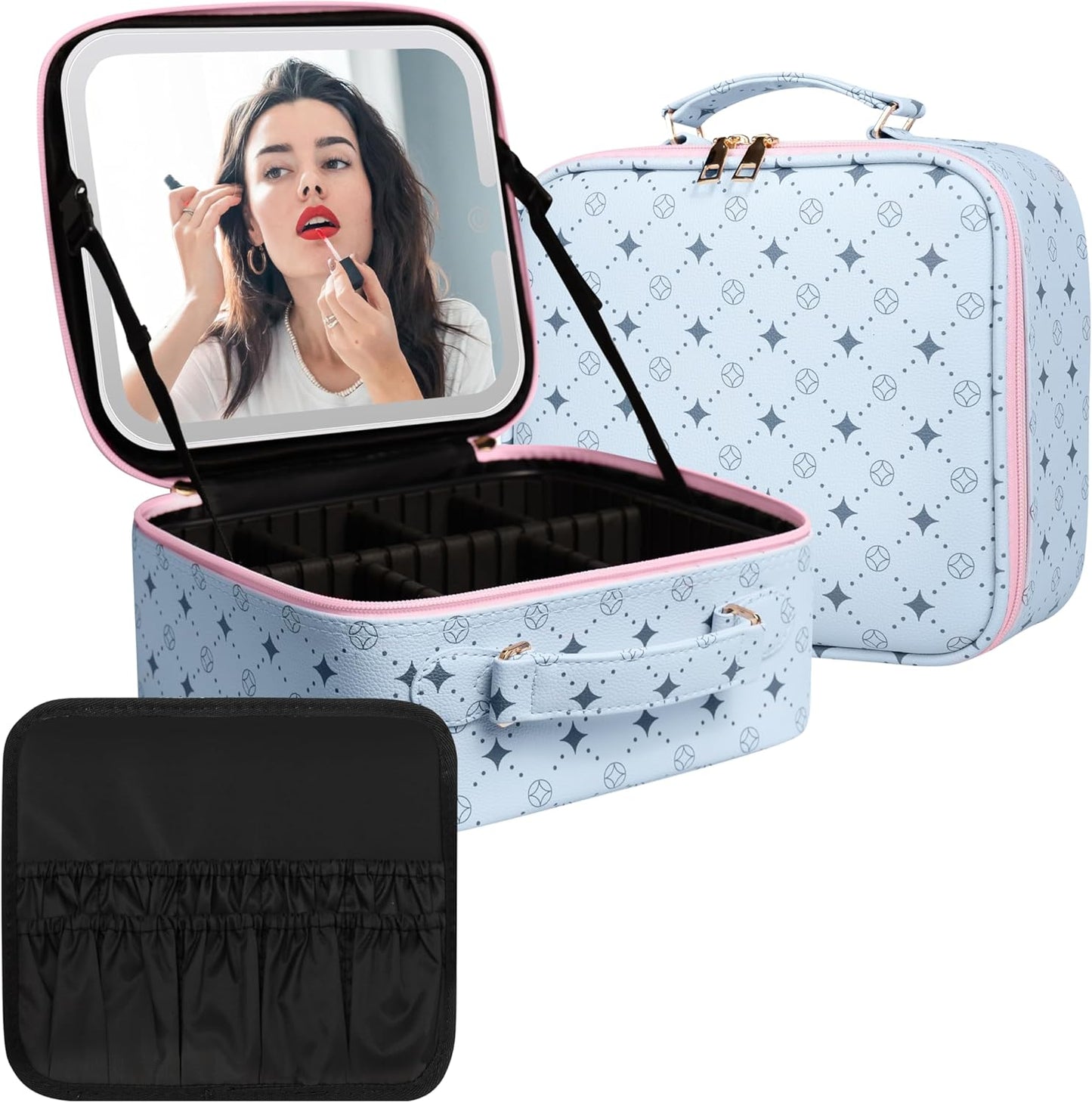 Travel Makeup Bag With 360° rotating LED Mirror,Waterproof cosmetic organizer,Portability Cosmetic case,Makeup organizer,Gift for Women,Girls Gift (Blue+Pink)