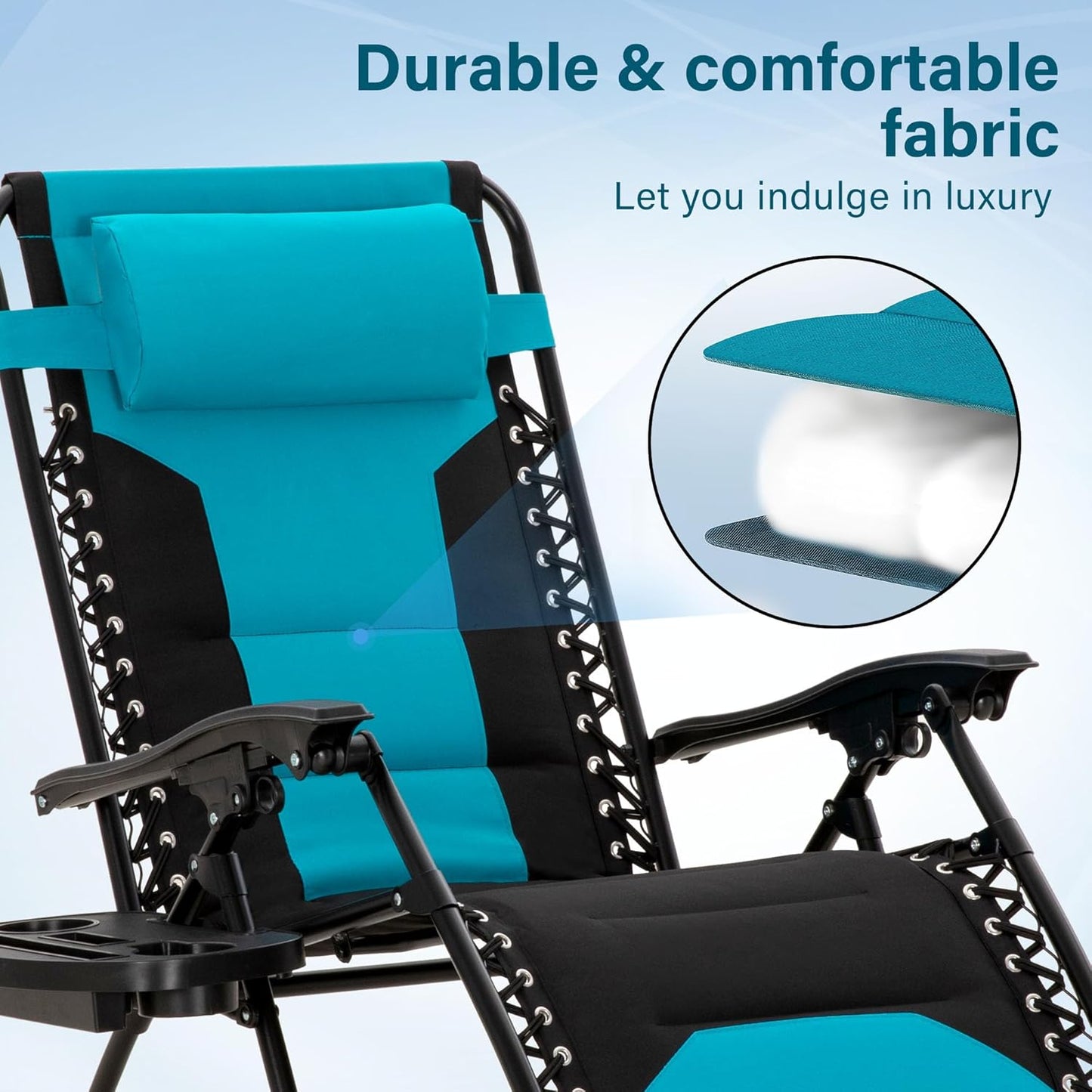 MFSTUDIO Padded Zero Gravity Chair Set of 2, Folding Patio Lounge Recliner with Adjustable Pillows & Cup Holder for Poolside Backyard, Support 400lbs(Pacific Blue)