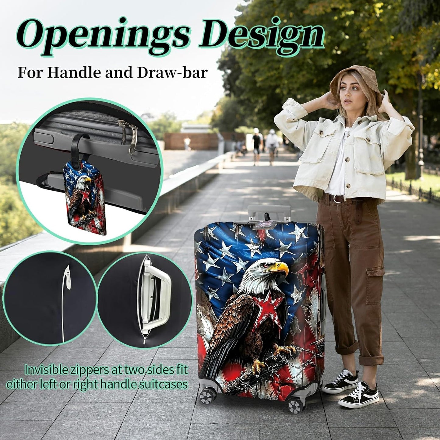 Luggage Cover + Tag, Eagle American Flag Travel Suitcase Protector for 18-20 inch Luggage (S) with Concealed Zipper, Washable Elastic Cloth, Dustproof, Anti-Scratch