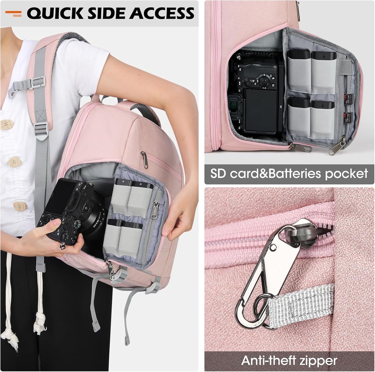 SDYSM Camera Bag Backpack Professional for DSLR SLR Mirrorless Camera Waterproof Laptop Back Pack 14 Inch with Rain Cover Anti Theft Travel Case Large Capacity Photography Backpack Pink