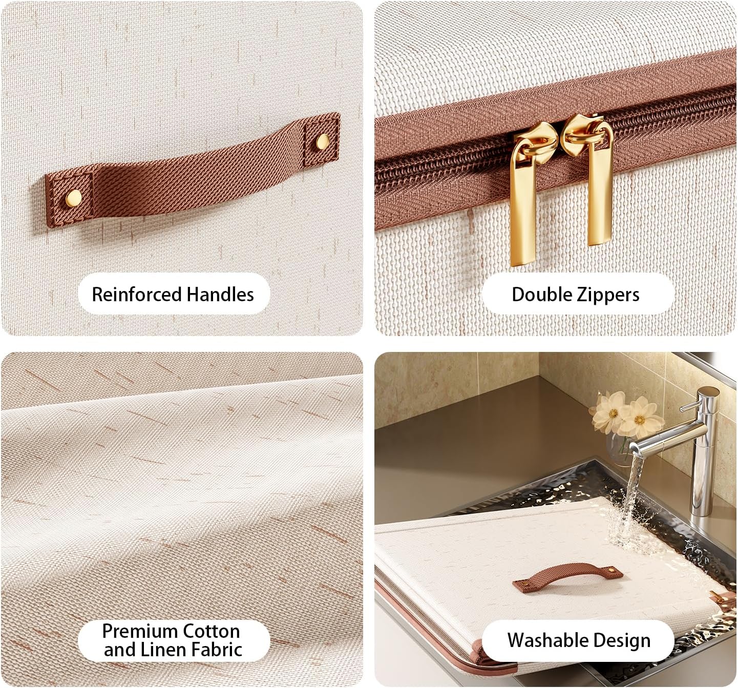 Tuza 3 Pcs Rigid Storage Bins with Zipper Lid, Cotton Linen Fabric Storage Boxes, Foldable Shelves Clothes Storage Cubes with Handles for Wardrobe, Closet(Beige, 15L)