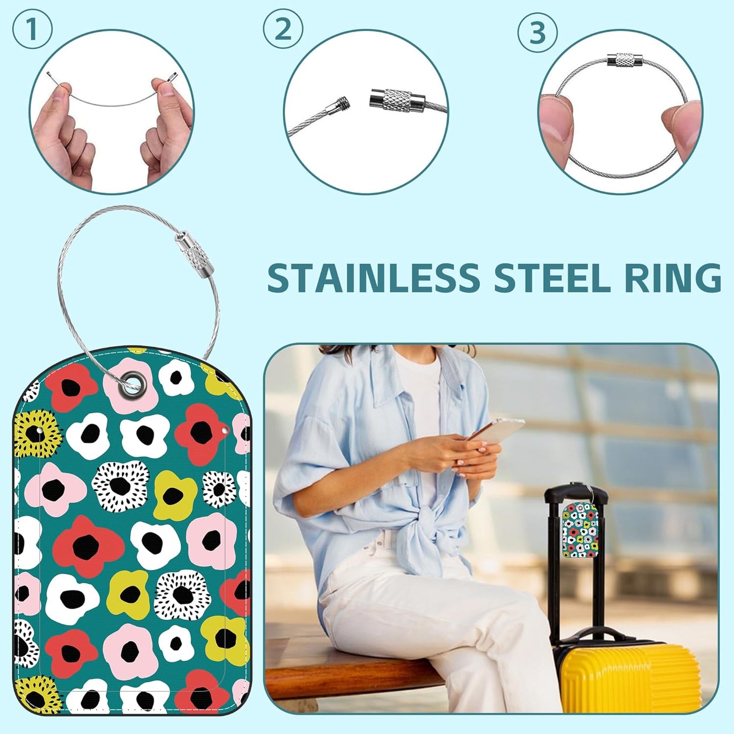 Retro Style Flowers Luggage Tag for Suitcase Set of 2 PU Leather Cute Luggage Tags with Stainless Metal Loop ID Label Privacy Flap Suitcase Tags for Women and Men Travel