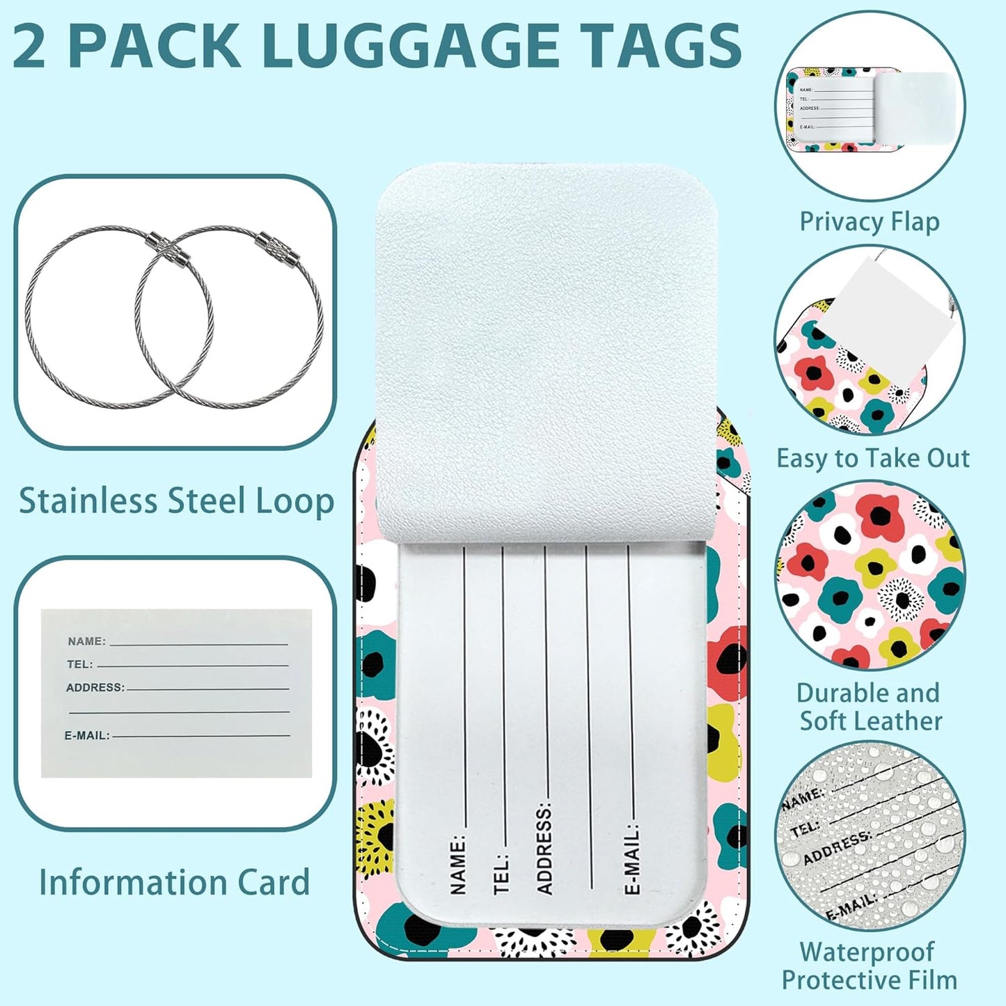 Retro Style Flowers Luggage Tag for Suitcase Set of 2 PU Leather Cute Luggage Tags with Stainless Metal Loop ID Label Privacy Flap Suitcase Tags for Women and Men Travel