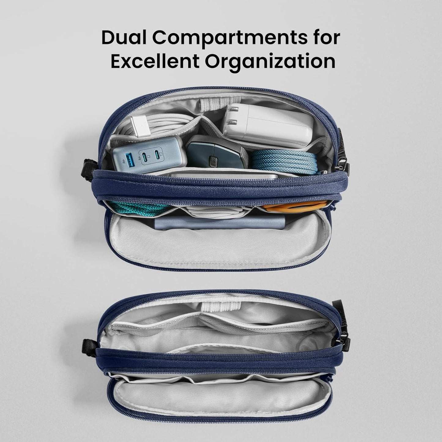tomtoc Electronic Organizer Travel Case, Water Resistant Dual Compartment Tech Pouch Cable Organization Storage Bag for Charger, Cord, Phone, Hard Drive, Power Bank, Accessories Travel Essentials
