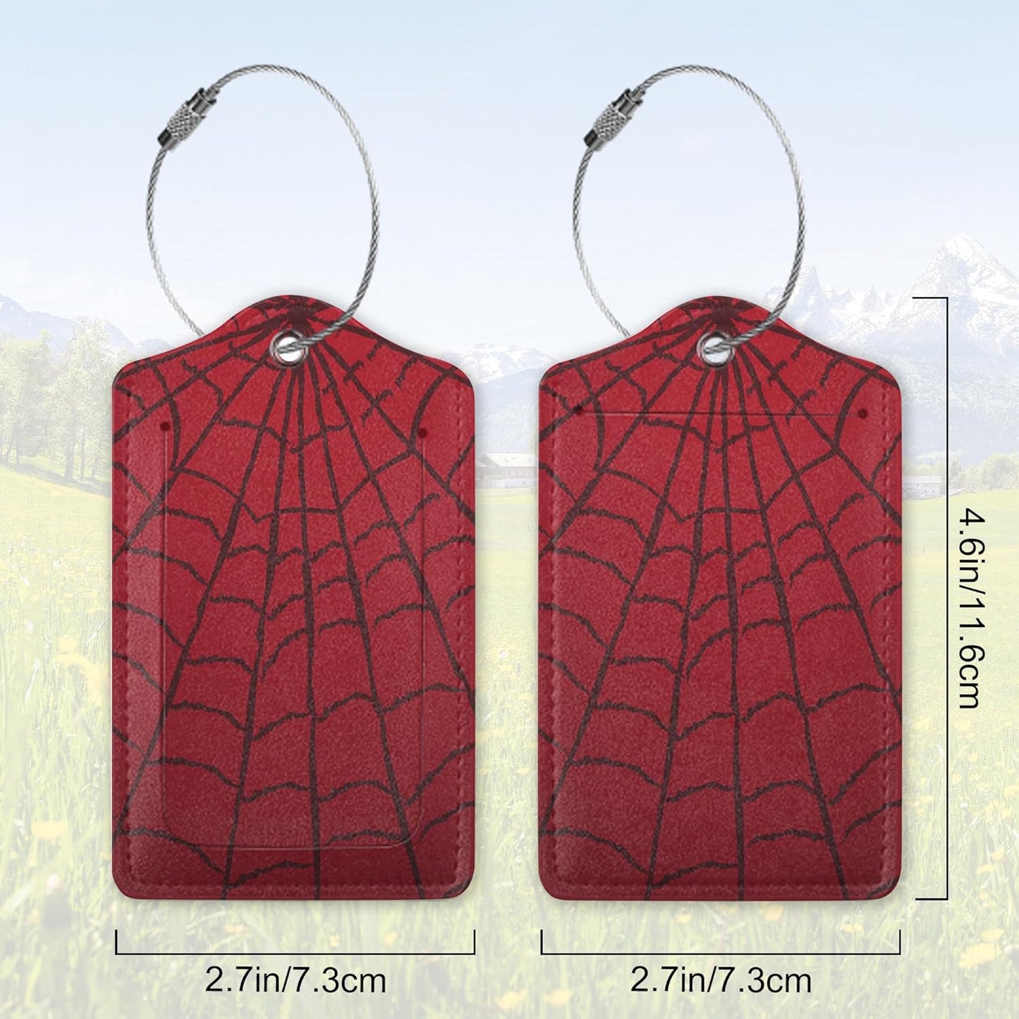 2 Pack Leather Luggage Tag for Suitcase Spider Web Cool Red Black Unique Travel Tags with Privacy Cover ID Label & Stainless Steel Loop for Men and Women Baggage