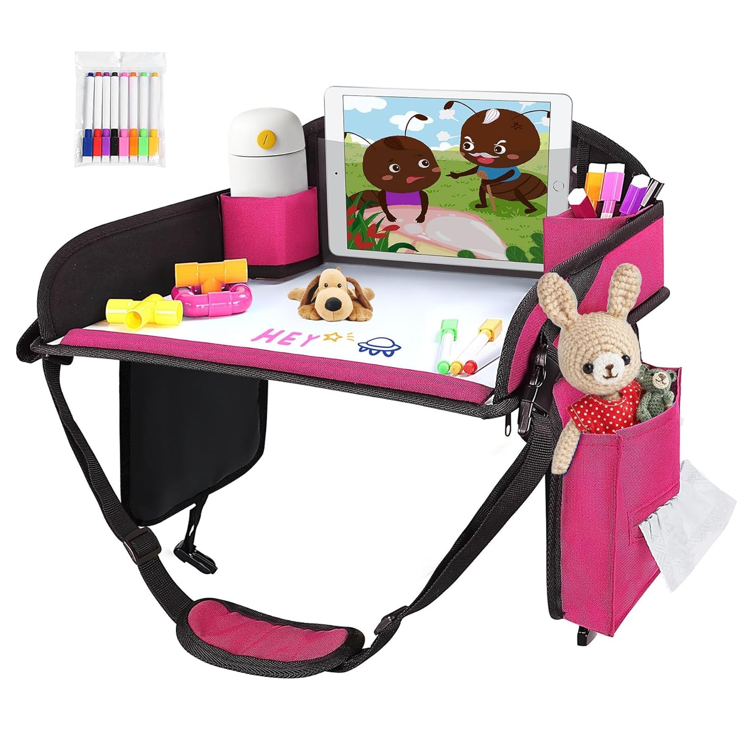 ‎Kids Travel Tray, Kids Travel Trays for Car Seat, Road Trip Essentials for Toddler, Carseat Lap Tray with Dry Erase Board & Storage Organizer for Road Trip Activities for Kid, Pink