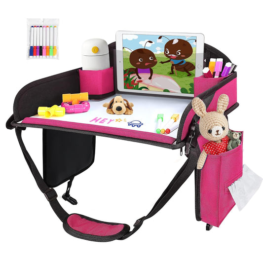‎Kids Travel Tray, Kids Travel Trays for Car Seat, Road Trip Essentials for Toddler, Carseat Lap Tray with Dry Erase Board & Storage Organizer for Road Trip Activities for Kid, Pink