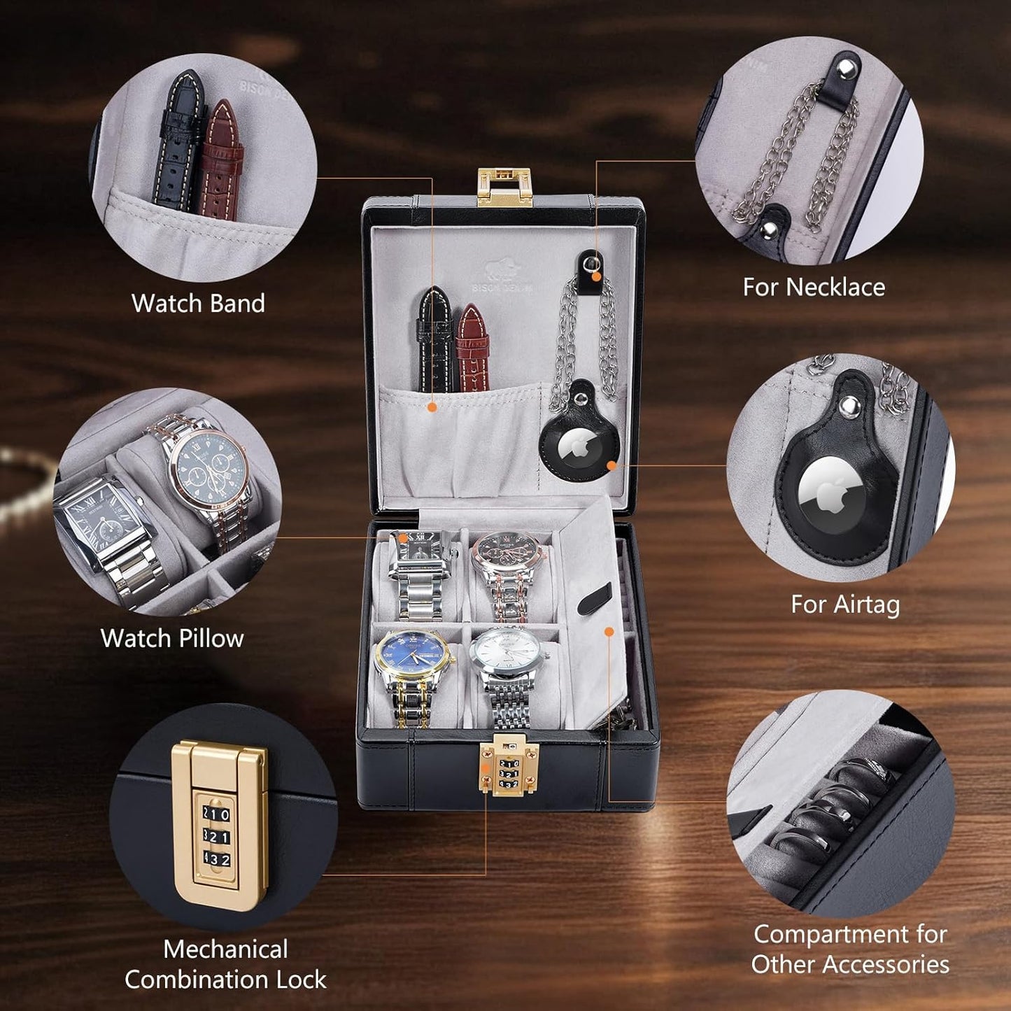 BISON DENIM Watch Box, 4 Watch Travel Case with Combination Lock - PU Leather Men's Watch Storage Box & Jewelry Organizer with Ring Slots & Necklace Hooks, Secure Travel Case, Black