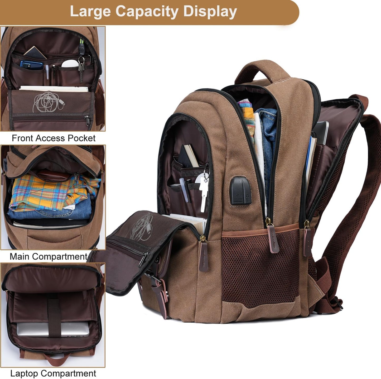 Mactso Canvas Travel Laptop Backpack for Men Women, Business Work Rucksack College Computer Bag Fits 17.3 Inch Notebook,Bookbag with USB Charging Port (Coffee, 17.3 Inch)