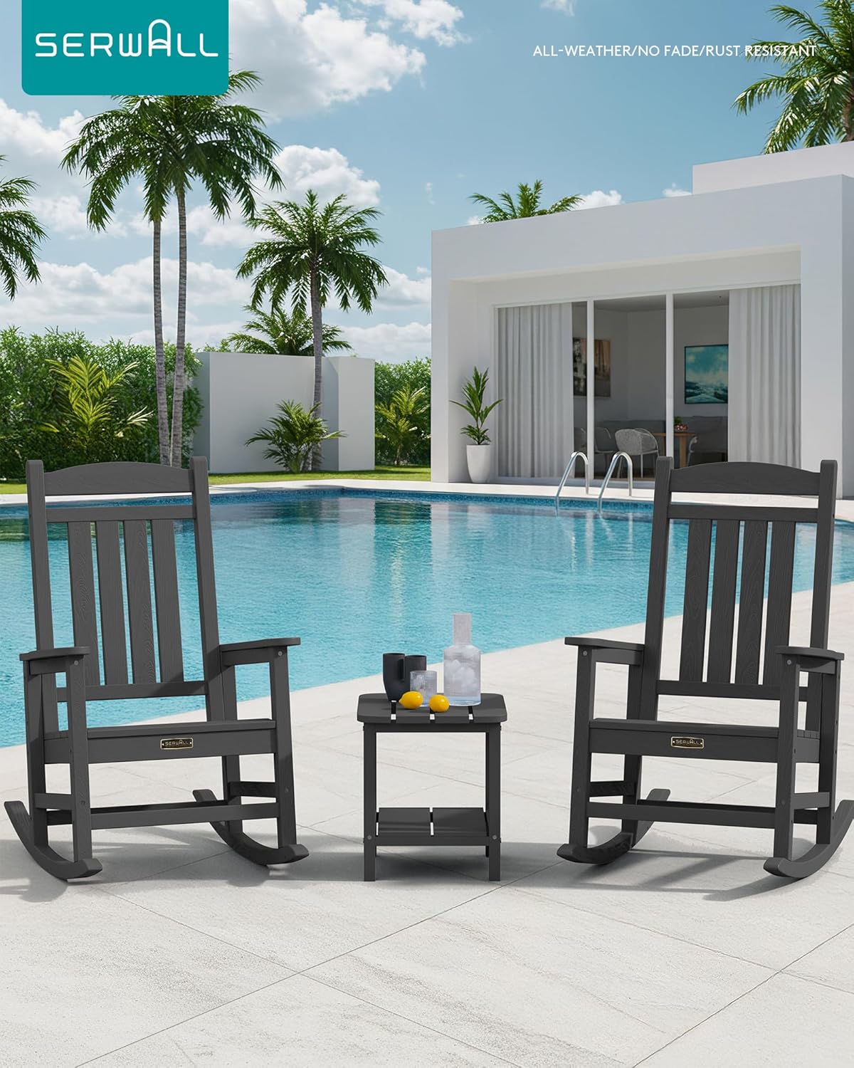 SERWALL Outdoor Rocking Chair Set of 2, HDPE Patio Rocking Chair All-Weather Porch Rocker for Balcony, Yard, Gray