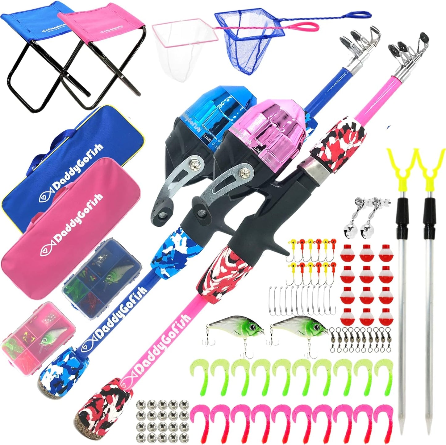 DaddyGoFish Kids Fishing Pole - Rod Reel Combo Tackle Box Starter Set - First Year Small Gear Kit for Boys Girls Toddler Youth Age Beginner Little Children