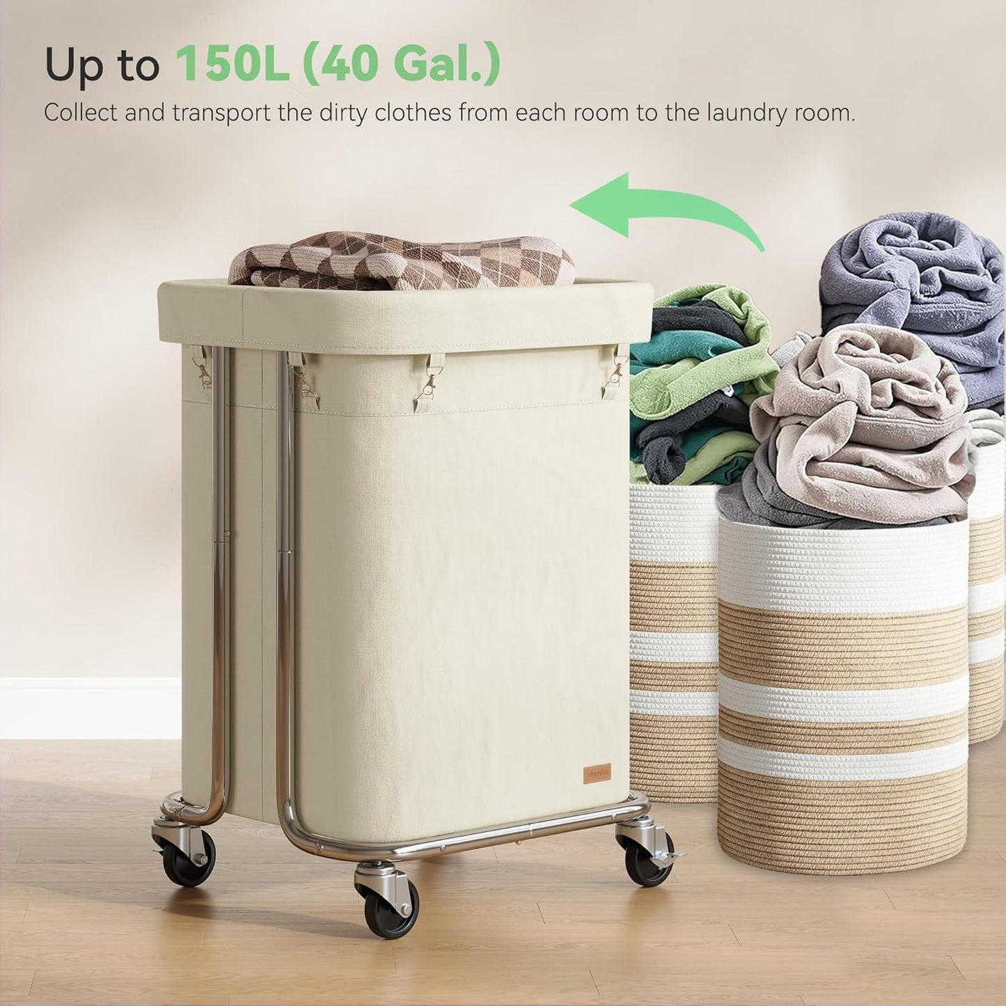 Laundry Basket with Wheels 150L/40Gal, Rolling Laundry Hamper with Steel Fram and Removable Washing Bag,Laundry Sorter Cart for Laundry Room,Hotel,Dorm,