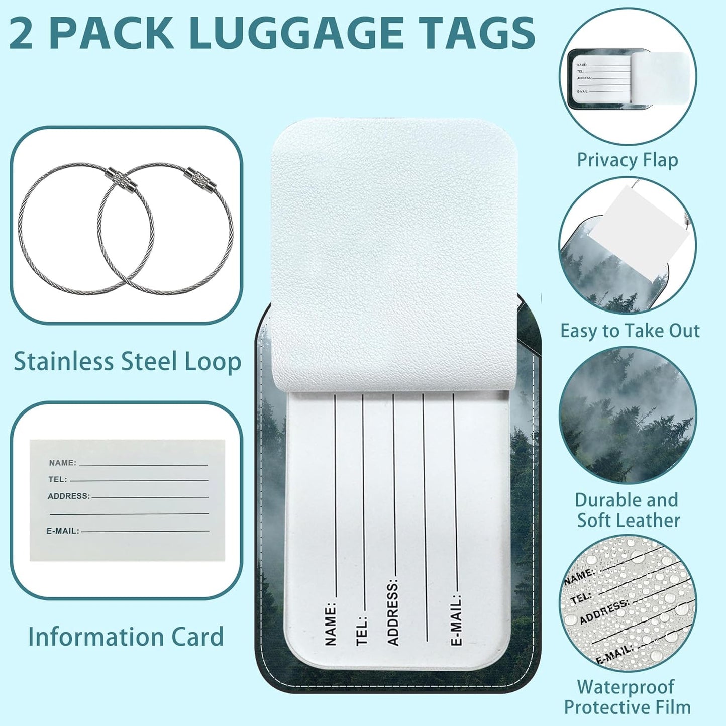 Misty Valley and Dark Forest Luggage Tag for Suitcase Set of 2 PU Leather Cute Luggage Tags with Stainless Metal Loop ID Label Privacy Flap Suitcase Tags for Women and Men Travel