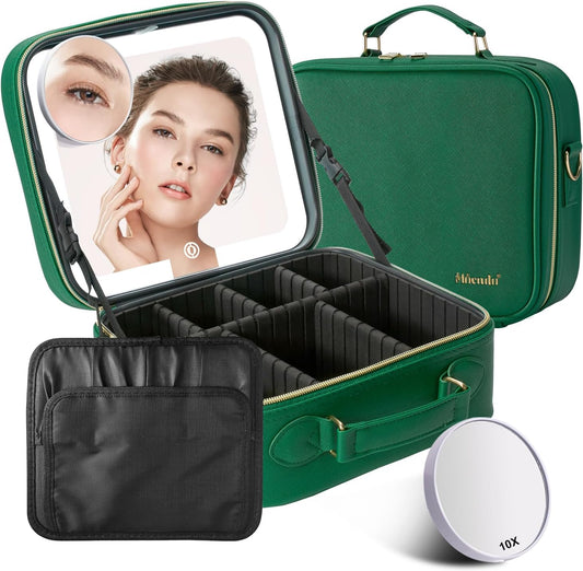 Mocado Travel Makeup Bag with LED Lighted Mirror,Travel Makeup Organizer,Makeup Case with 3 Color Lighted Setting and 10x Magnifying Mirror,Portable Storage and Adjustable Dividers Makeup Box(Green)