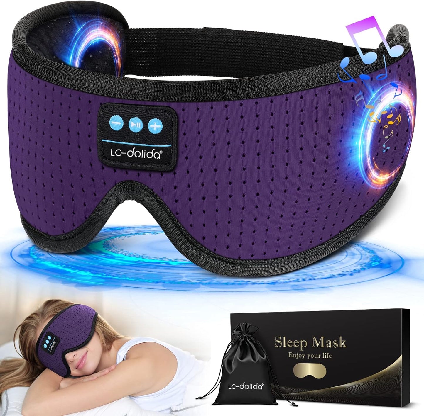 LC-dolida Sleep Headphones, White Noise Bluetooth Sleep Mask 3D Breathable Wireless Eye Mask for Timing, Sleep Mask with Bluetooth Headphones for Side Sleepers Travel Yoga, Cool Gadgets for Women Men