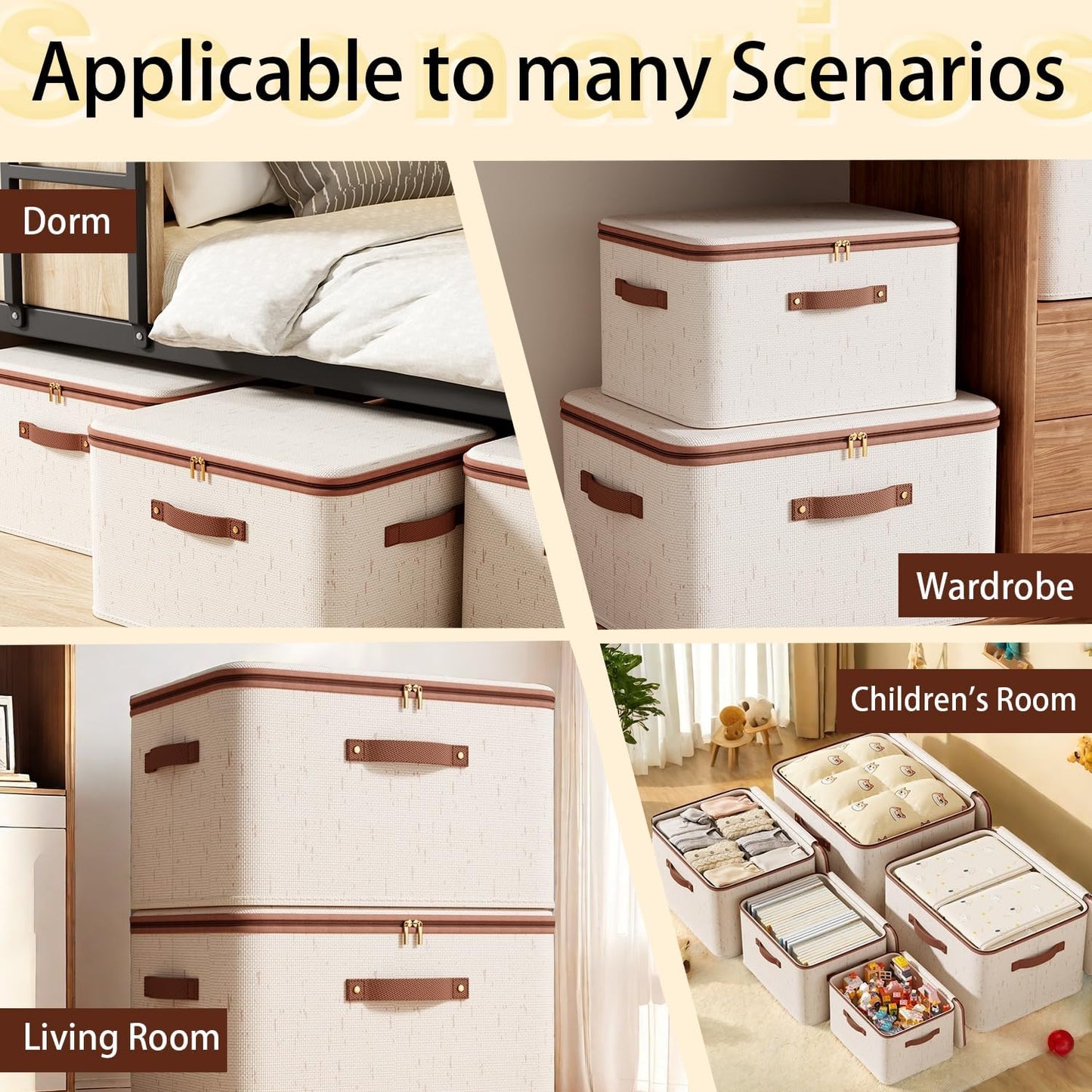 Tuza 3 Pcs Rigid Storage Bins with Zipper Lid, Cotton Linen Fabric Storage Boxes, Foldable Shelves Clothes Storage Cubes with Handles for Wardrobe, Closet(Beige, 15L)