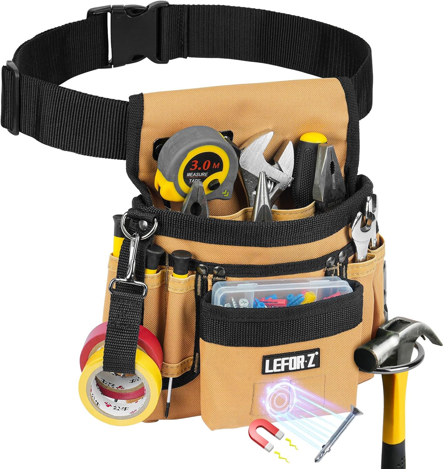 Tool Belt,Magnetic Tool Pouch,14-Pockets Tool Belts for Men,Detachable & Adjustable Tool Pouch Belt for Electrician,Carpenter,Construction,Work Apron,Utility Belt,Black-Brown