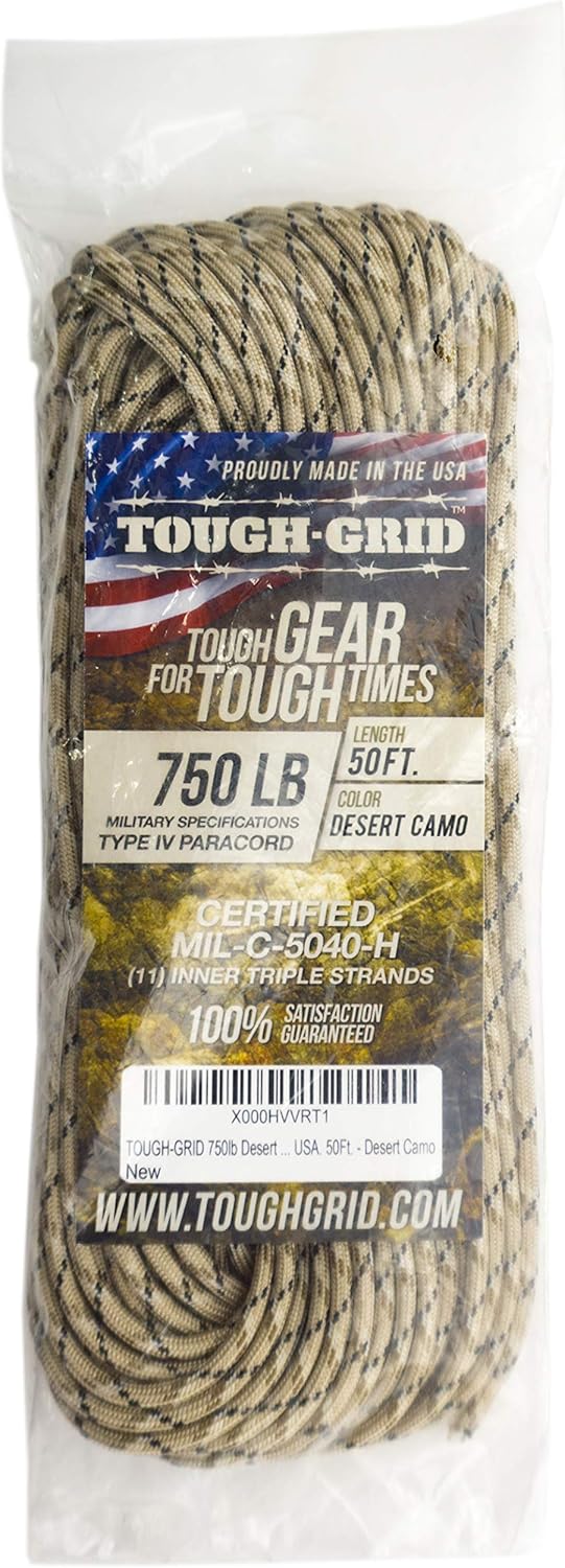 TOUGH-GRID 750 Paracord Rope Nylon Parachute Cord, Made in USA Survival Kit, Outdoor Adventures, Camping, Tactical Gear & Emergency Supplies, Military Type IV Mil-Spec
