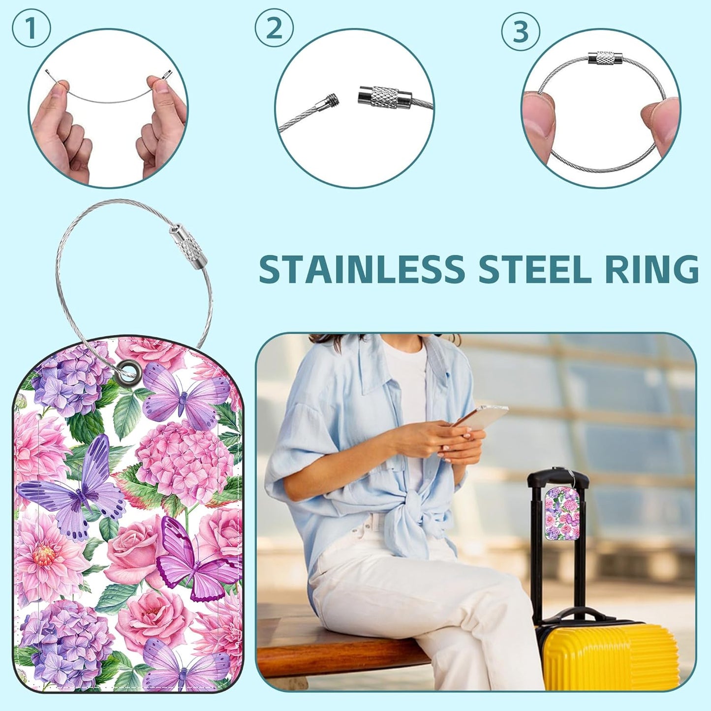 Beautiful Butterfly and Flowers Luggage Tag for Suitcase Set of 2 PU Leather Cute Luggage Tags with Stainless Metal Loop ID Label Privacy Flap Suitcase Tags for Women and Men Travel