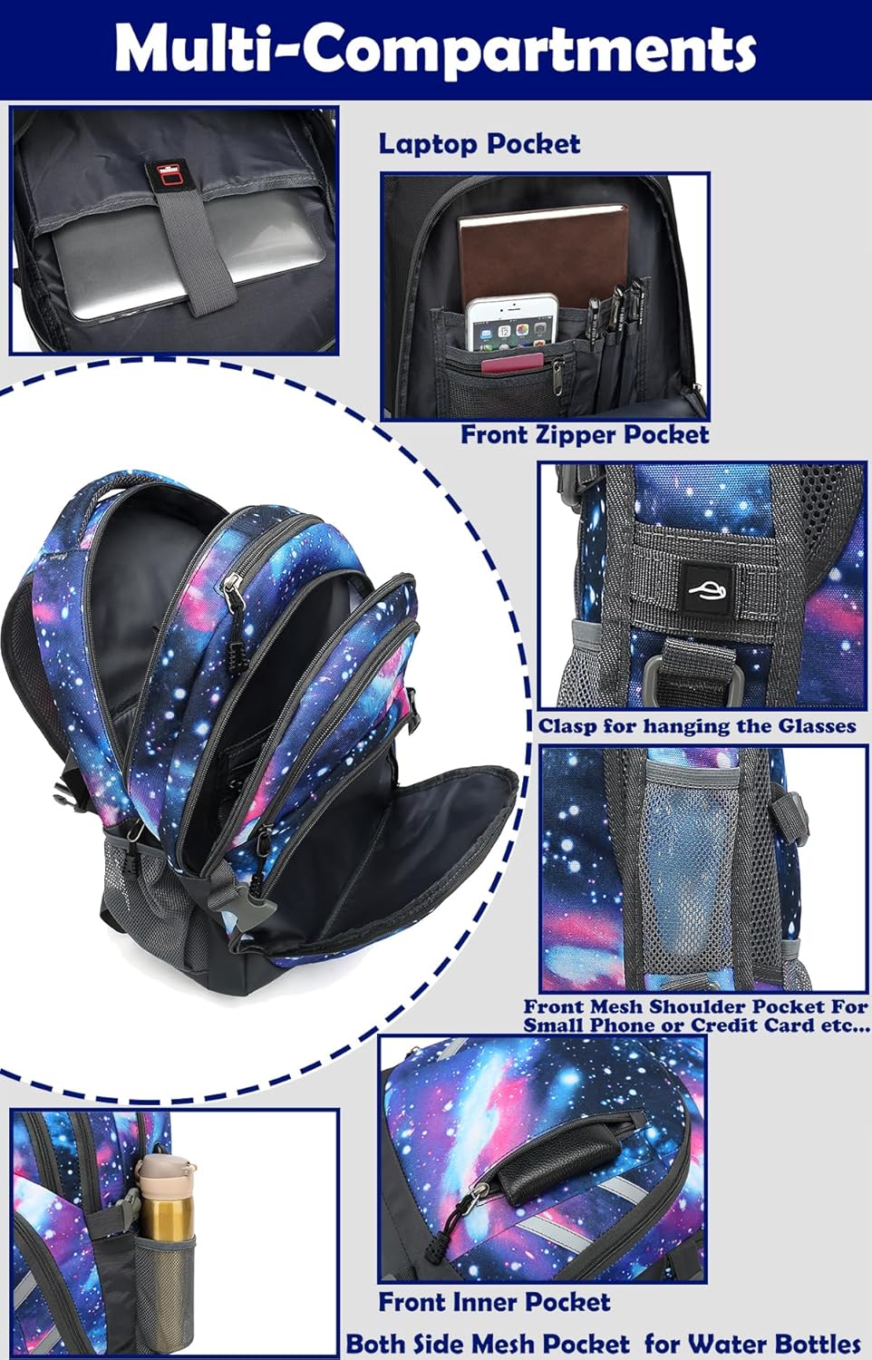 ProEtrade Backpack Bookbag for College Laptop Travel,Fit Laptop Up to 15.6 inch with USB Charging Port Multi Compartment Anti theft, Gift for Women Men (Galaxy)