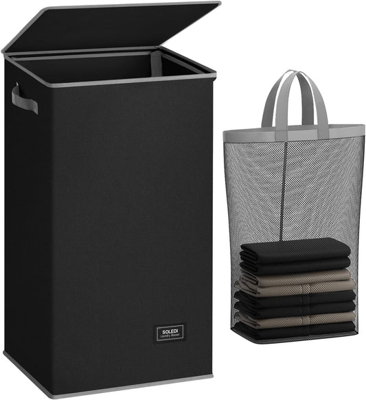 SOLEDI Laundry Hamper Black with Lid and Removable Bag - 100L Large and Tall Laundry Basket Collapsible with Handle for Clothing and Toys Storage - Dirty Clothes Hamper for Bedroom, bathroom, dorm