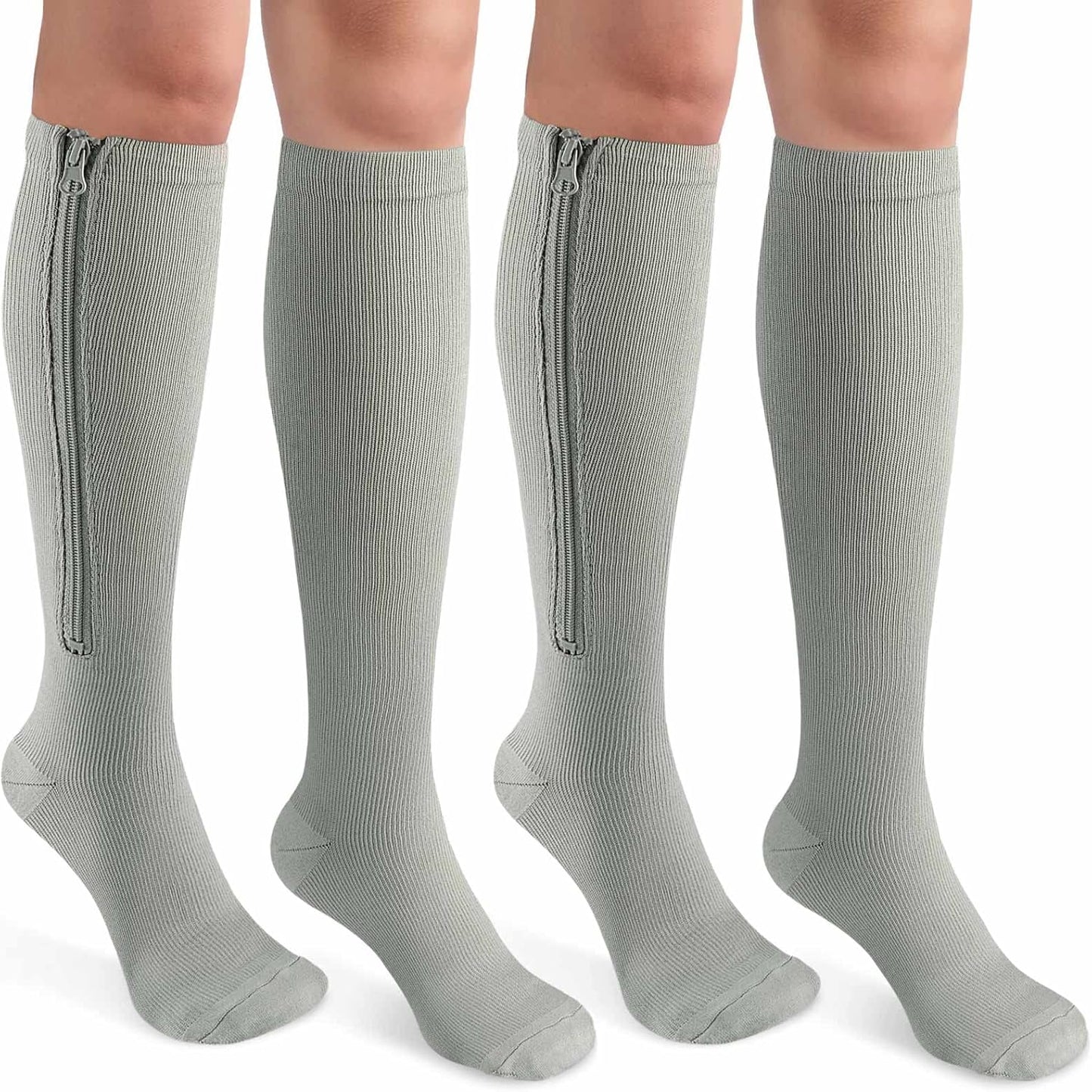 CASMON 2 Pairs Zipper Compression Socks for Women & Men, 15-20 mmHg Closed Toe Knee High Support Sock with Zipper for Varicose Vein Edema