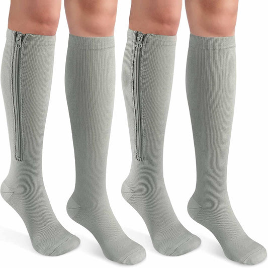 CASMON 2 Pairs Zipper Compression Socks for Women & Men, 15-20 mmHg Closed Toe Knee High Support Sock with Zipper for Varicose Vein Edema
