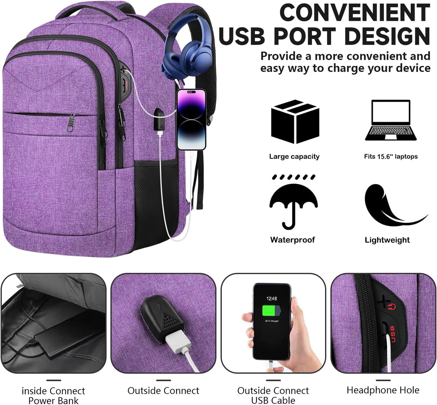 Lapsouno Travel Backpack, Travel Laptop Backpack, Multiple Pockets 15.6 Inch Carry on Backpack with USB Port, TSA Friendly Water Resistant College School Business Bag for Women, Purple