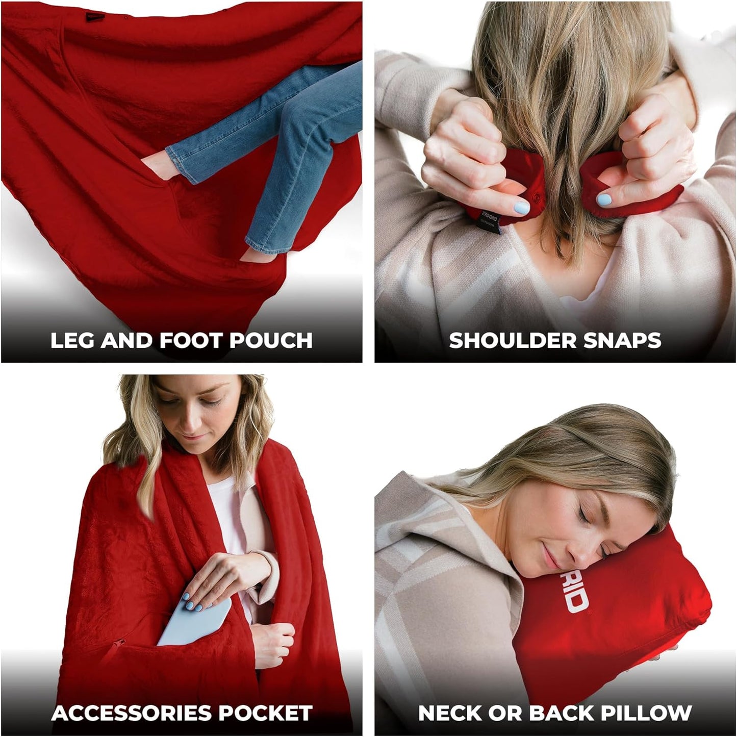 Lightweight Travel Blanket - Premium & Compact Airplane Wearable Blanket with Neck Snaps, Cozy Foot Pockets, Zipper Pouch - Converts into Soft Pillow - Designed for Ultimate Comfort - Scarlet