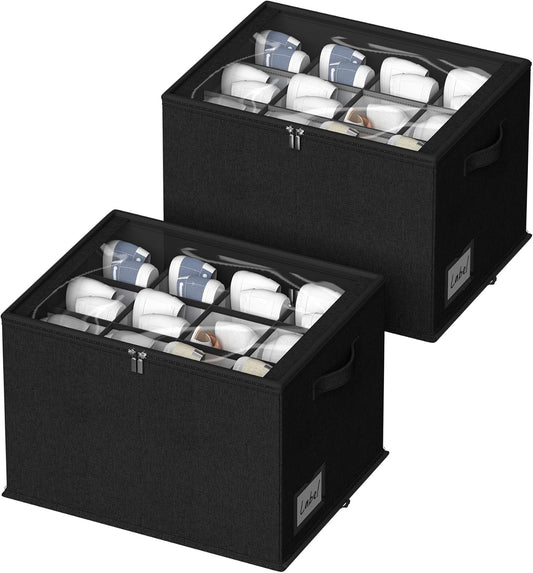 2 Pack Shoe Organizer for Closet - Shoe Storage Bins with Clear Cover, Fabric Shoe Storage Containers with Reinforced Handles, Fits up to 24 Pairs (Black, 16.5 * 12.6 * 12.2in)