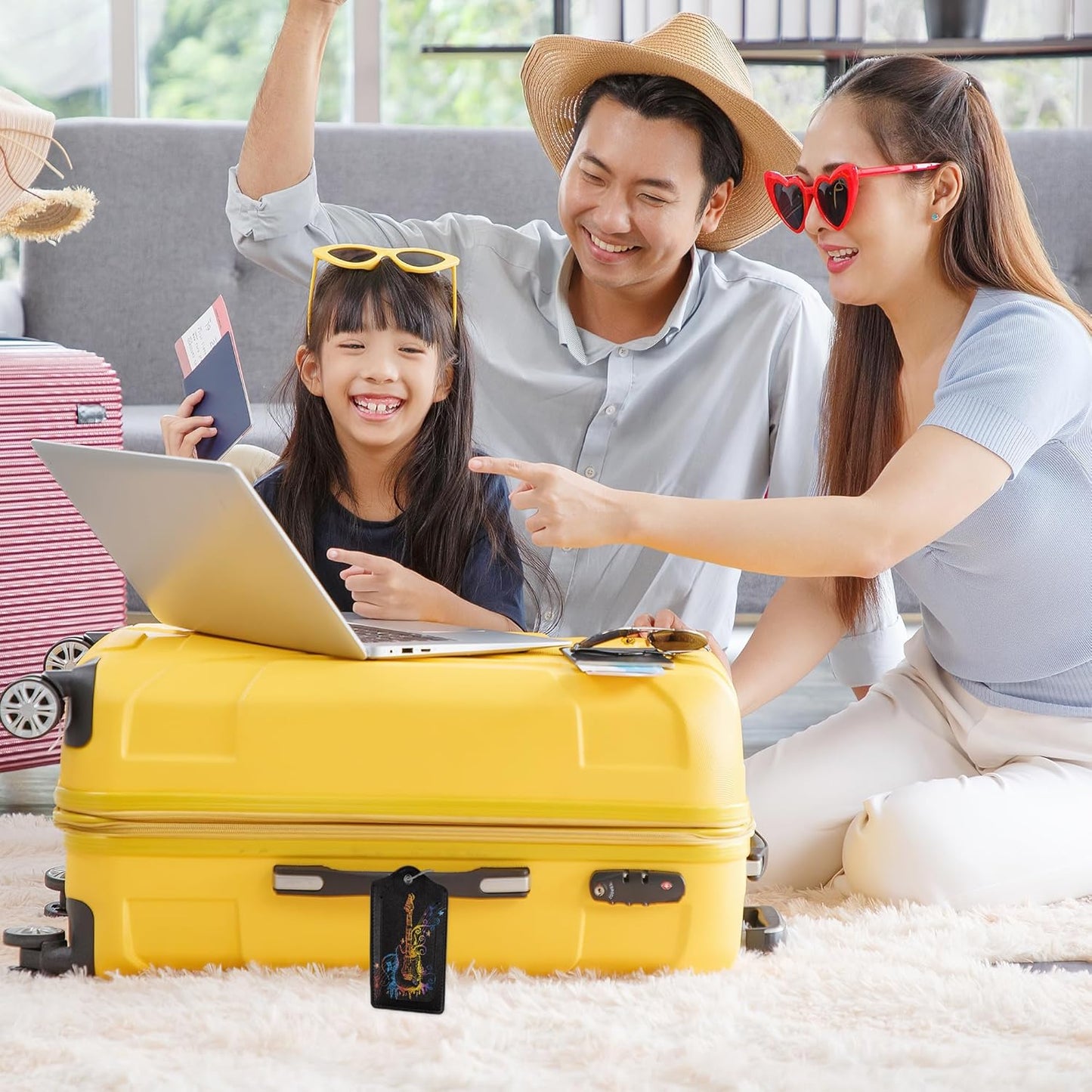 2 Pack Luggage Tags with Colorful Guitar for Suitcases, Burning Electric Guitar PU Leather Luggage Tag Accessories Privacy Cover ID Label with Stainless Steel Loop for Travel Bag for Women Girls