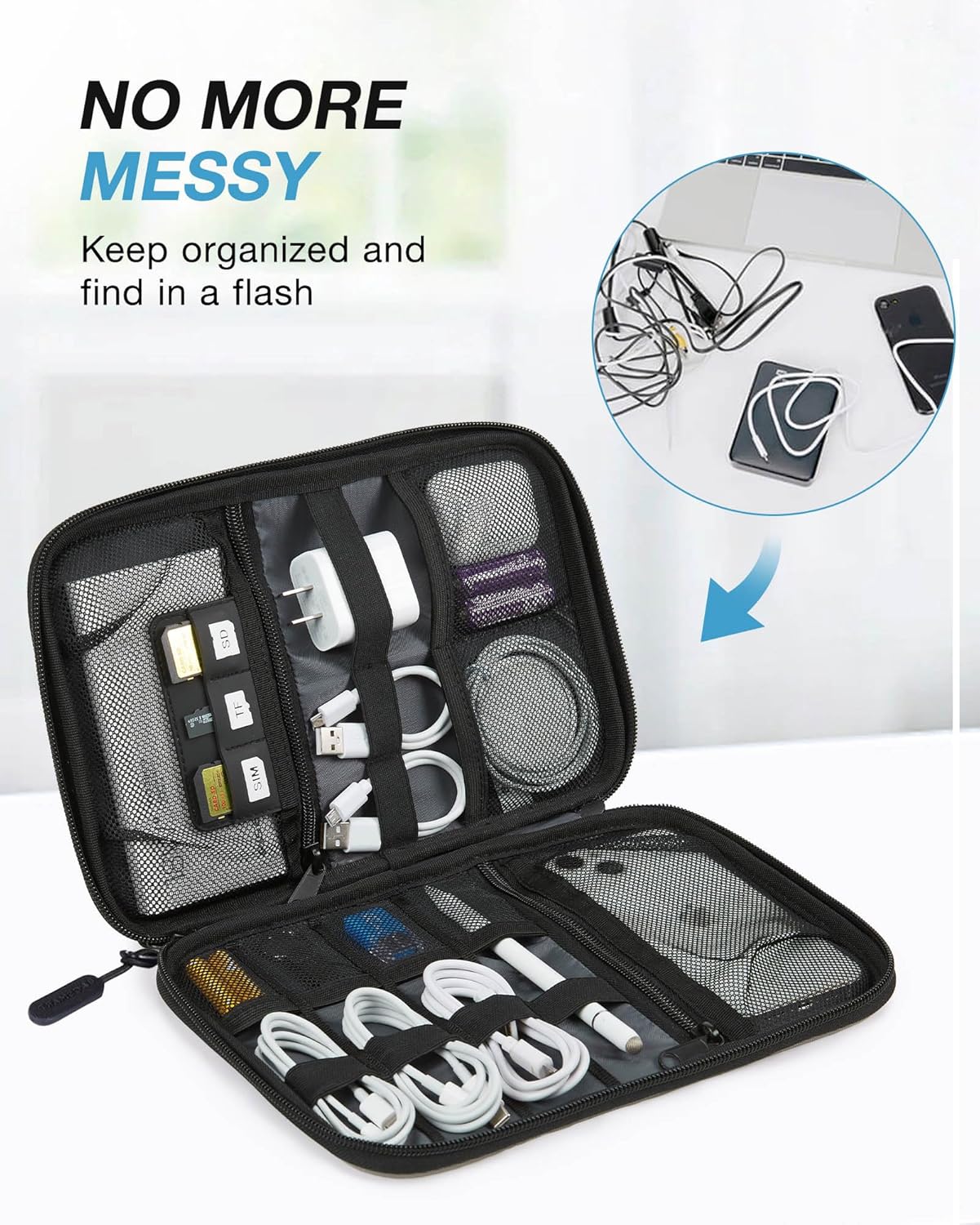 BAGSMART Electronics Travel Organizer Case, Compact Cable Organizer Bag for Phone Accessories, Power Bank, SD Card Storage, Grey