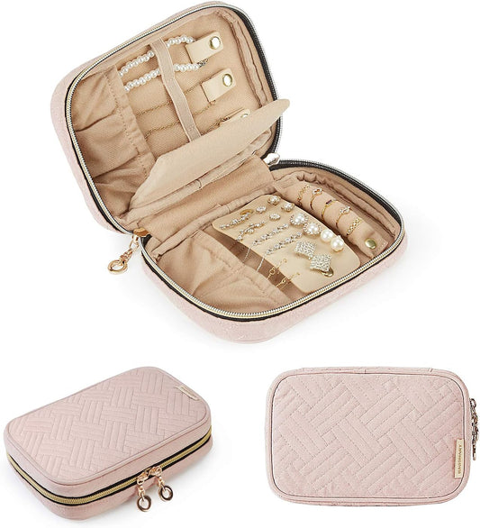 BAGSMART Travel Jewelry Organizer Case Small Jewelry Roll for Journey-Rings, Necklaces, Earrings, Bracelets, Soft Pink