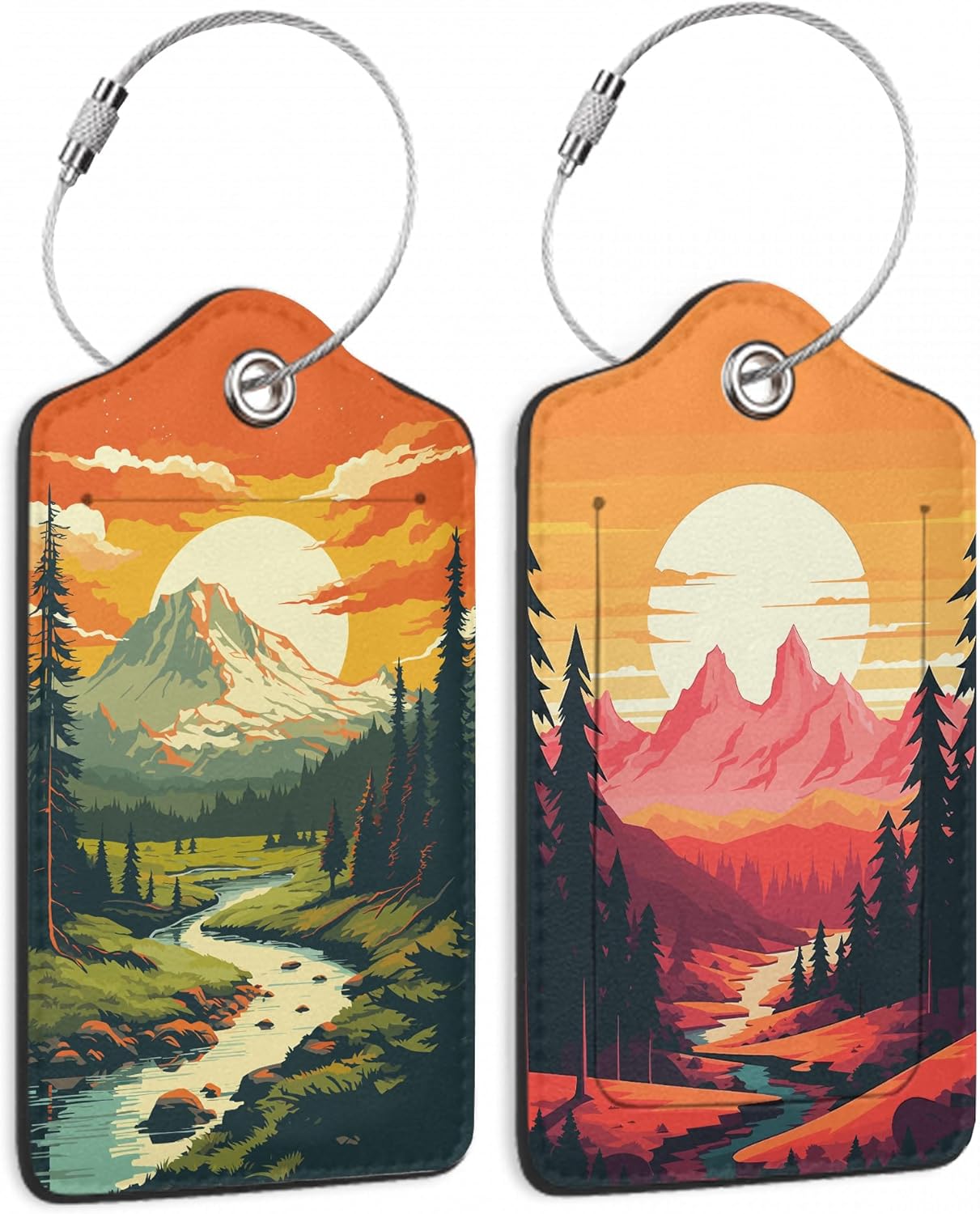 Vintage Mountain 2 Pack Luggage Tag for Suitcase, Cute Unique Leather Bag Tags Identifiers Privacy Cover ID Label with Durable Steel Loop for Women Men Kids Girls Travel