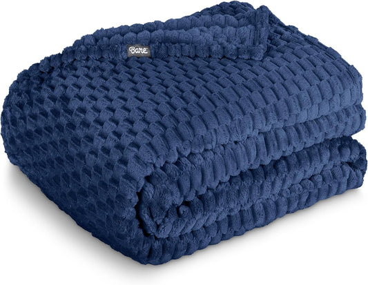 Bare Home Textured Fleece Blanket - Throw/Travel - Ultra-Soft Lightweight for Bed, Sofa, and Couch - Luxury Microplush - Cozy Warm Blanket (Throw/Travel, Waffle Dark Blue)