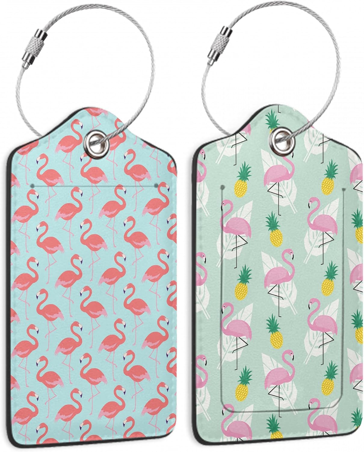 2 Pack Funny Luggage Tags with for Suitcases, Pink Flamingos PU Leather Luggage Tag Accessories Privacy Cover ID Label with Stainless Steel Loop for Travel Bag for Women Girls Teens