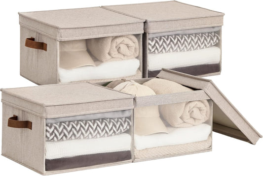 StorageWorks Storage Bins with Lid and Clear Window, Fabric Storage Boxes with Lids, Stackable Basket for Shelves, Closet Organizer and Storage Bins, Brown and Beige, Large, 4-Pack