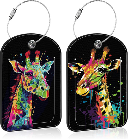 Bright Colourful Giraffe Leather Luggage Tag for Suitcase 2 Pack Luggage Tag with Privacy Name ID Label and Stainless Steel Loop for Travel Bag Suitcase