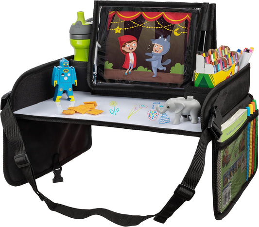 Lusso Gear Car Seat Tray for Kids Travel - Black 600D Oxford Lap Desk Organizer with Dry-Erase Surface, Tablet Stand, Snack Holder & Cup Holder - Travel Tray for Kids Car Seat