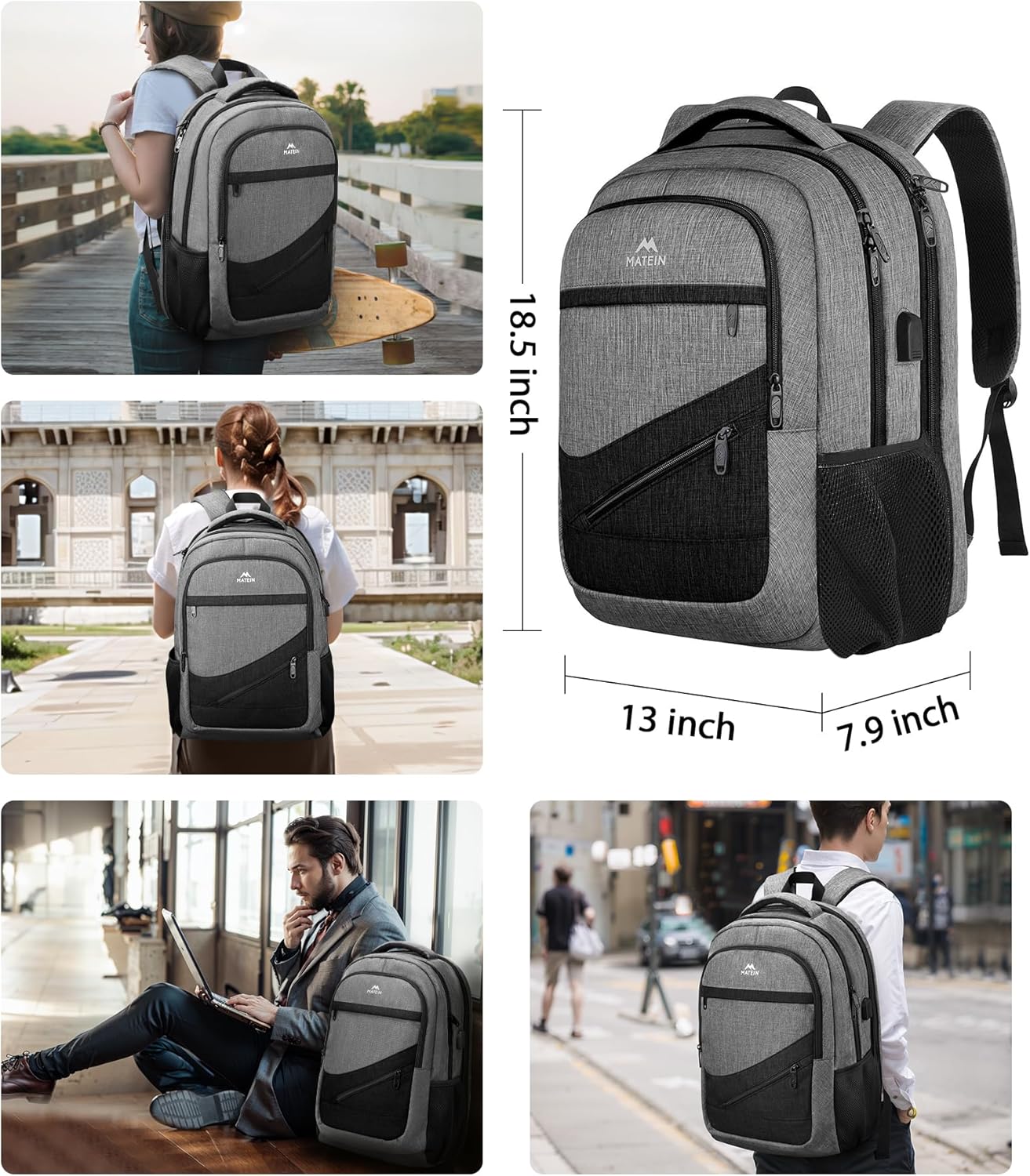 MATEIN 17 Inch Work Backpack for Men Women, Water Resistant Practical Travel Laptop Backpack with Trolley Sleeve, Casual College Daypack Laptop Compartment TSA Friendly, Grey Black