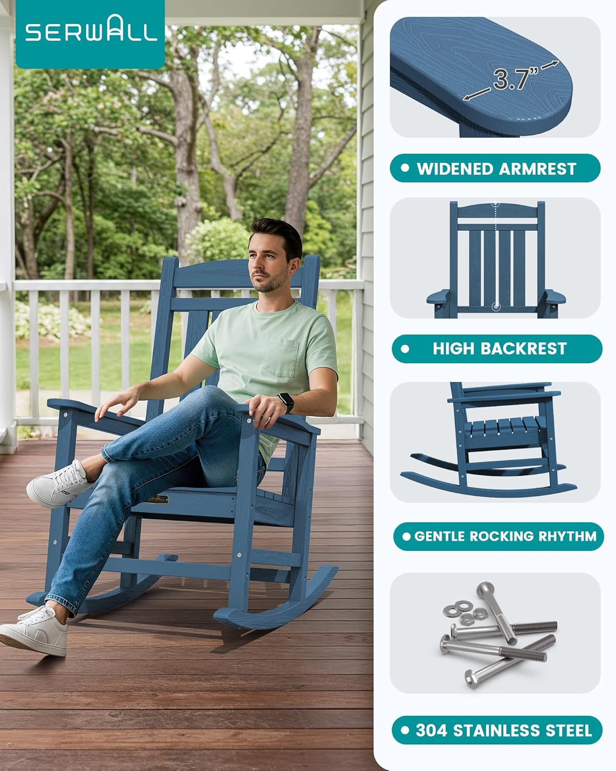 SERWALL Outdoor Rocking Chair Set of 2, HDPE Patio Rocking Chair All-Weather Porch Rocker for Balcony, Yard, Blue