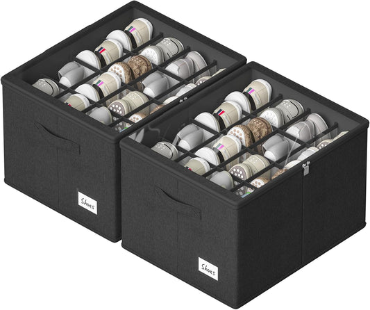 Shoe Organizer for Closet, 2 Pack Sturdy Shoe Storage Bins with Clear Cover, Fits 16-32 Pairs, Foldable Shoe Storage Box with Reinforced Handles (Black, 19.7 * 15.7 * 12.6in)