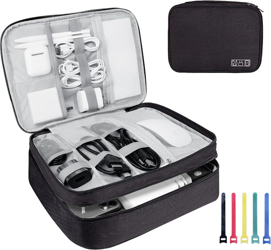 Electronics Travel Organizer,Large Double Layer Portable Waterproof Travel Organizer Bag for Charging Cable Storage,Ipad,Power Bank,Hard Drive etc,for Travel,Business,5pcs Cable Ties-Black