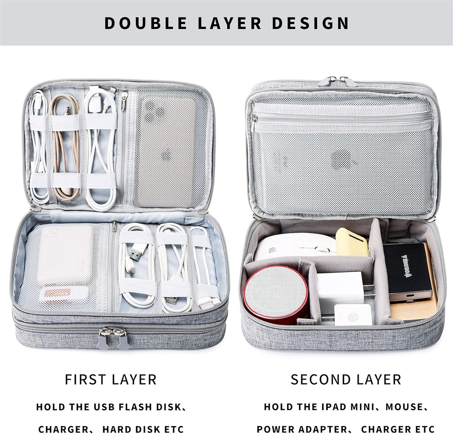 MIRLEWAIY Portable Electronics Accessories Organizer Bag Travel Charger Cable Storage Soft Case Double Layer for Hard Drives, Cord, USB, SD Cards Carrying, Grey