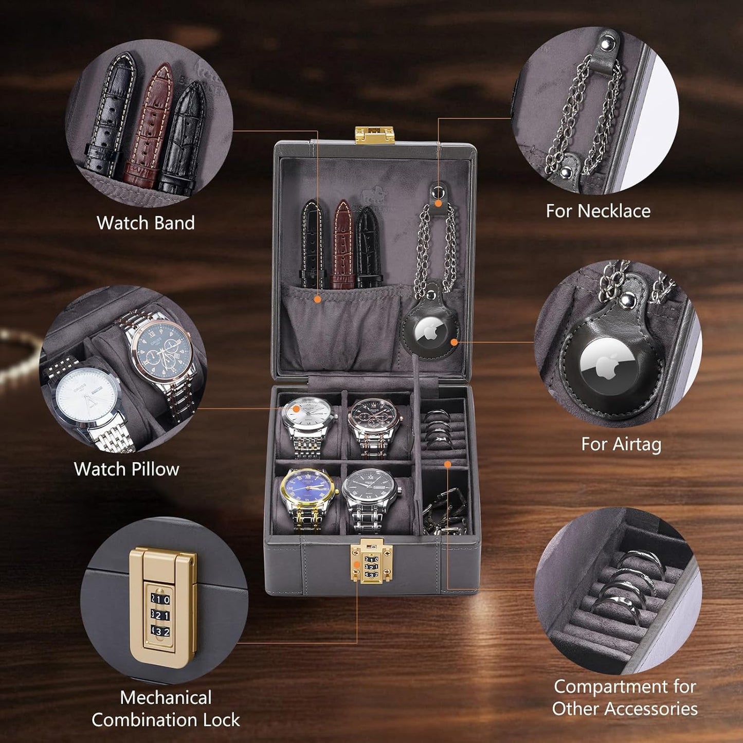 BISON DENIM Watch Box, 4 Watch Travel Case with Combination Lock - PU Leather Men's Watch Storage Box & Jewelry Organizer with Ring Slots & Necklace Hooks, Secure Travel Case, Grey