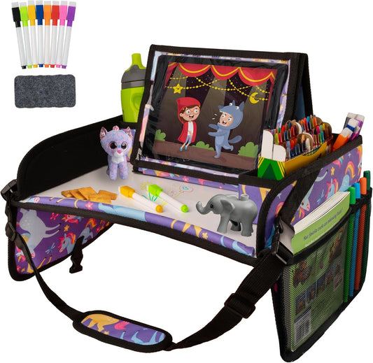 Lusso Gear Kids Travel Tray for Car - Road Trip Essentials for Kids - Car Seat Tray for Toddlers & Kids - for Airplane, Kids Travel Desk, Road Trip Activities (Purple Unicorns)
