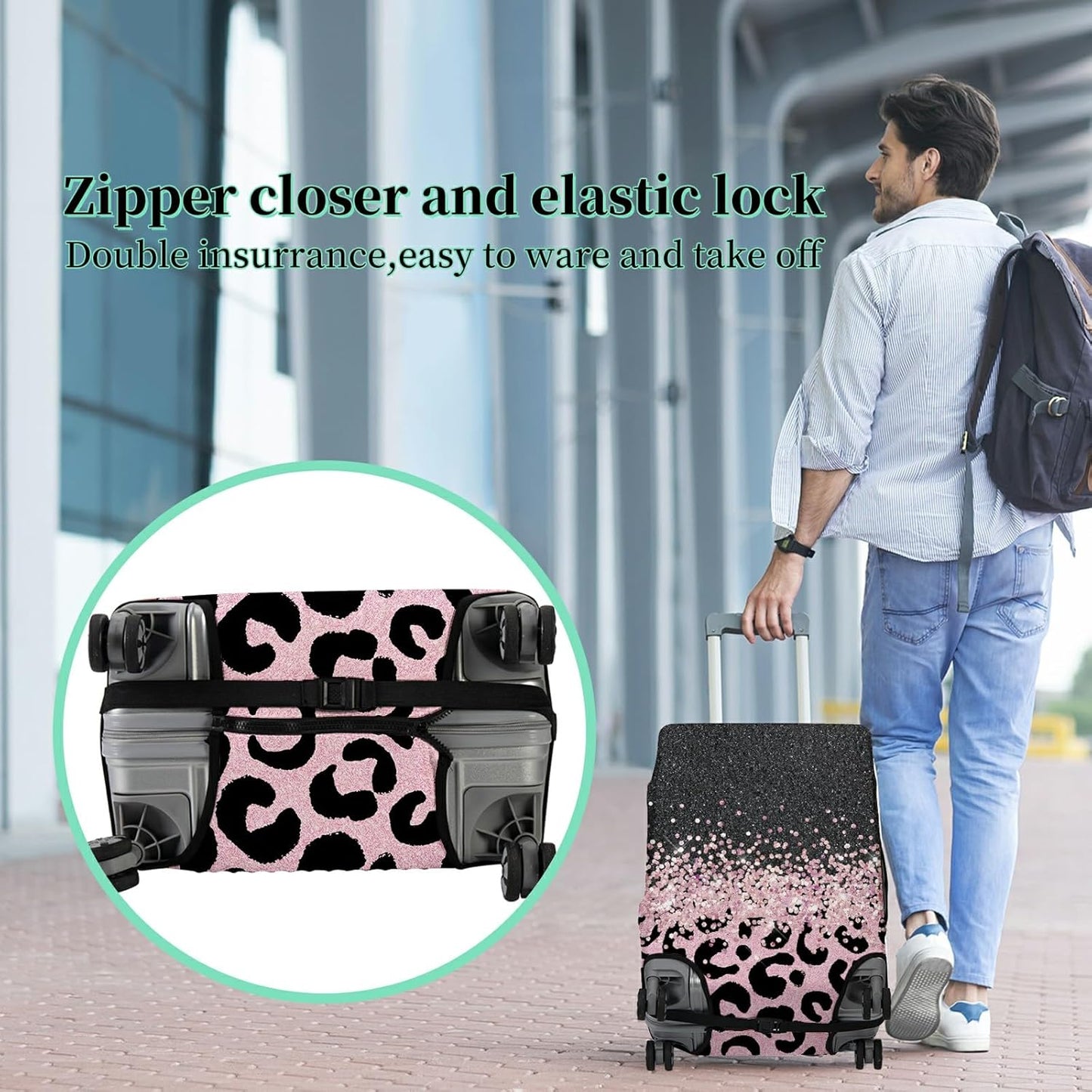 Luggage Cover + Tag, Pink Leopards Travel Suitcase Cover for 22-24 inch Luggage (M) with Concealed Zipper, Washable Elastic Cloth, Dustproof, Anti-Scratch