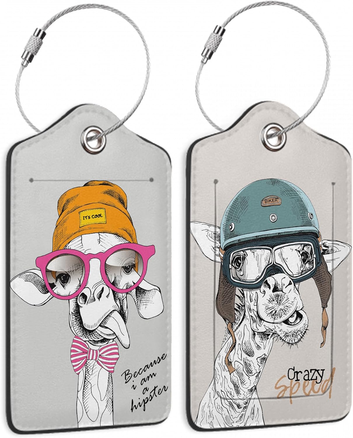 Funny Giraffe 2 Pack Luggage Tag for Suitcase, Cute Unique Leather Bag Tags Identifiers Privacy Cover ID Label with Durable Steel Loop for Women Men Kids Girls Travel