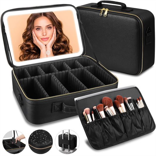 15“×11“Professional Makeup Train Case,Large Waterproof Travel Makeup bag with Mirror and Light, Leather Black Make up Bag with Mirror and Light,Led Makeup Case with Adjustable Dividers